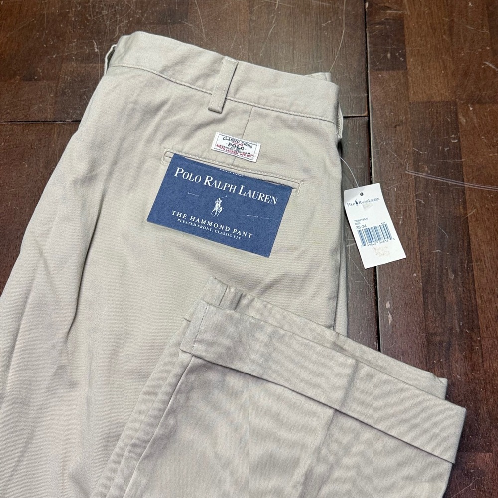 New Polo Ralph Lauren Hammond Pant Mens 38x34 Khaki Pleated Classic Fit Chinos